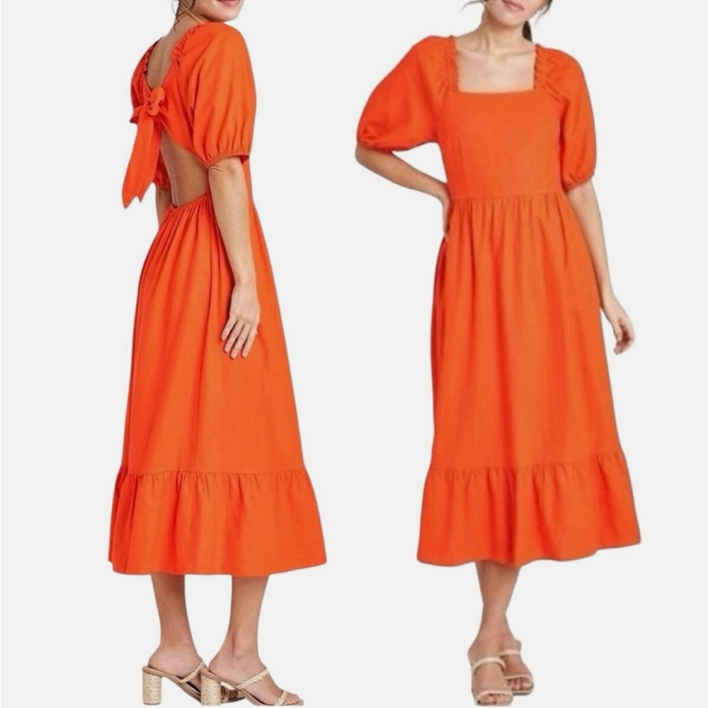 Who What Wear Open Back Tie & Puff Sleeve Linen Blend Midi Dress Orange Size XS